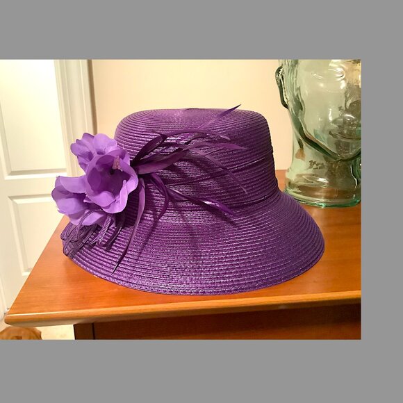 August Purple medium down-turn brim  hat with flowers & feather details on top main image 9